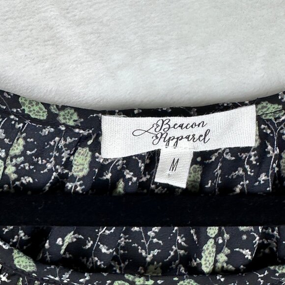 Beacon Apparel Black Green Floral Blouse Sz M 3/4 Sleeves Keyhole Flowy Fairy - Picture 9 of 12